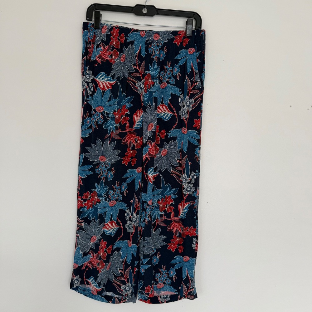 J. Jill Sarasa Wide Leg Cropped Tropical Pants XS Rayon Pull On Navy Red Floral